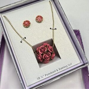 Floral Rose Pendant Necklace + Matching Stud Earrings Set